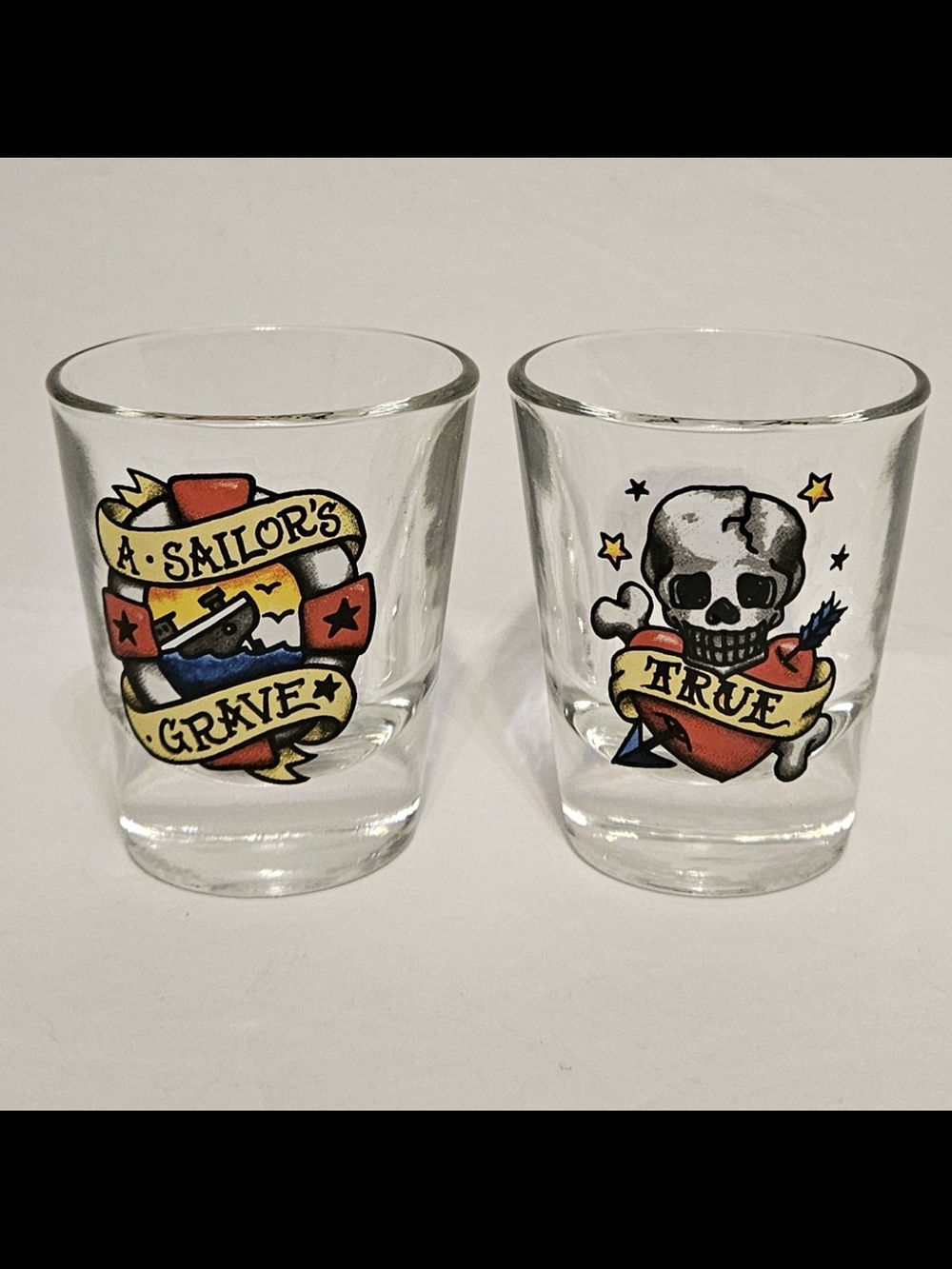 Tattoo-Style Skull & Sailor Shot Glass Set - Clear